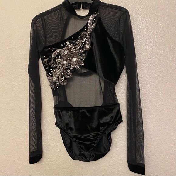 LA dance designs Solo dance custom black velvet mesh costume embellished SA - Picture 3 of 10